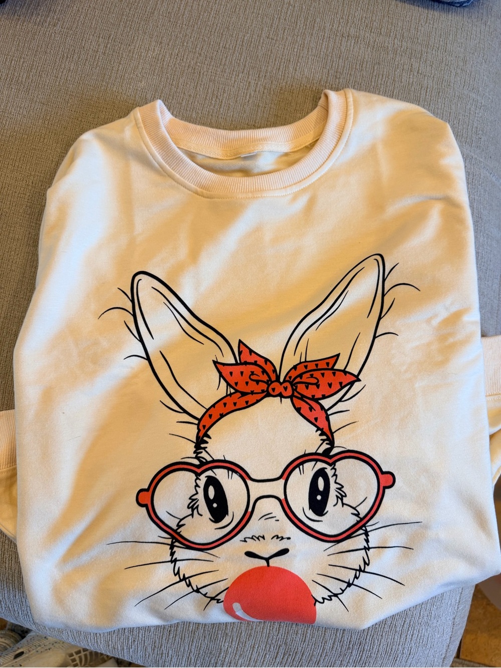 Womens White Bunny Graphic Sweatshirt with Coral Accents